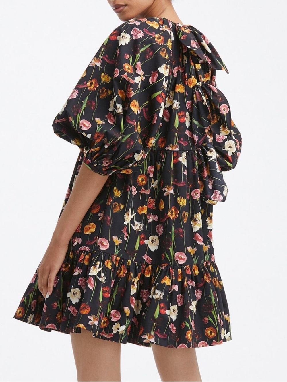 Oscar de la Renta Black Floral Puff Sleeve Midi Dress